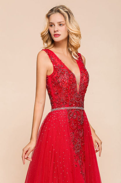 Vestido largo de noche con escote en V profundo, sin mangas, con apliques de encaje, corte A, de gasa