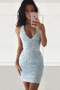Deep V-Neck Sleevelss Short Light Blue Lace Homecoming Dress