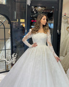 Deluxe Floor Length Long Sleeves A-Line Lace Wedding Dress with Ruffles