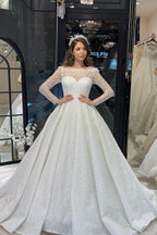 Deluxe Floor Length Long Sleeves A-Line Lace Wedding Dress with Ruffles