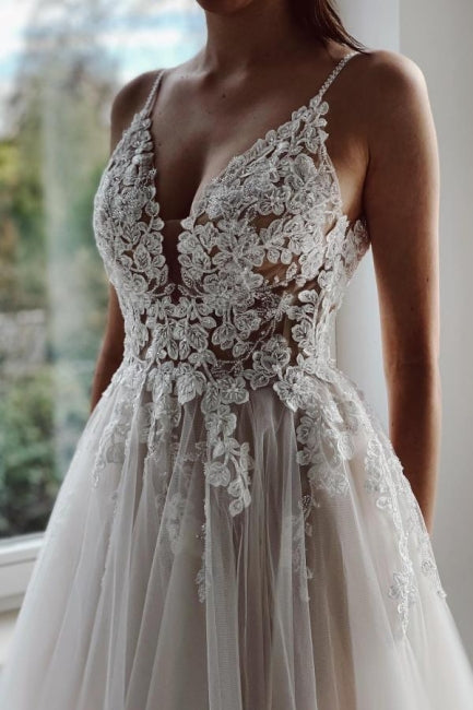 Designer A-line Appliques V-neck Wedding Dresses With Lace