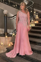 Vestido de Mãe da Noiva em Chiffon, Corte em A, Um Ombro, Sem Mangas, Cor-de-Rosa, com Aplicações, Vestido de Dama de Honra