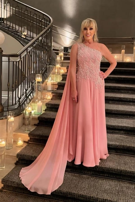 Vestido de gasa de diseño para madre de la novia, corte A, sin mangas, con un hombro al descubierto, color rosa, para dama de honor con apliques