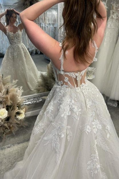 Designer A-Linie Spitze Herzausschnitt Ärmellos Weiß Brautkleid mit Schleppe