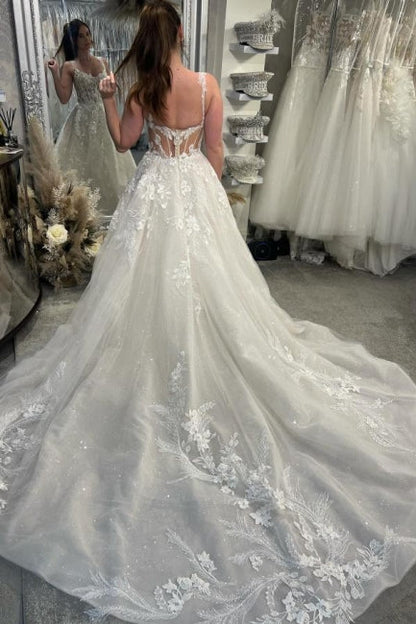 Designer A-Linie Spitze Herzausschnitt Ärmellos Weiß Brautkleid mit Schleppe