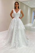 Designer A-Line Lace V-Neck Sleeveless White Wedding Dress With Appliques