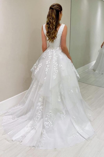 Designer A-Linie Spitze V-Ausschnitt Ärmelloses weißes Brautkleid mit Applikationen