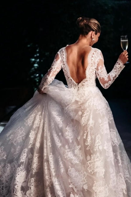 Designer A-line Long Sleeves Backless Wedding dresses with Lace