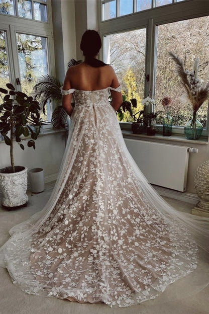 Designer A-Linie Off-the-Shoulder Ärmellose Brautkleider mit Spitze