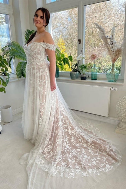 Designer A-Linie Off-the-Shoulder Ärmellose Brautkleider mit Spitze