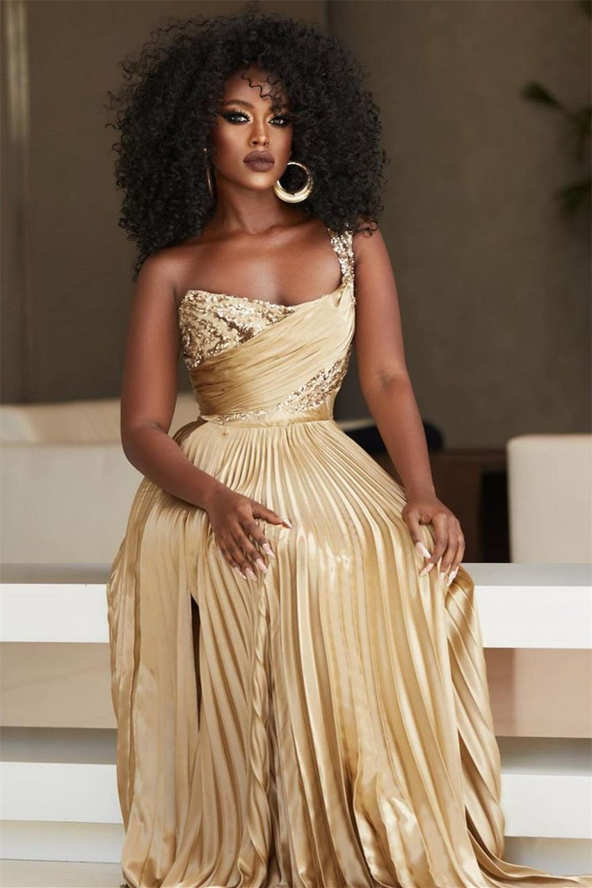 Designer A-line One Shoulder Sequined Prom Dress With Slit