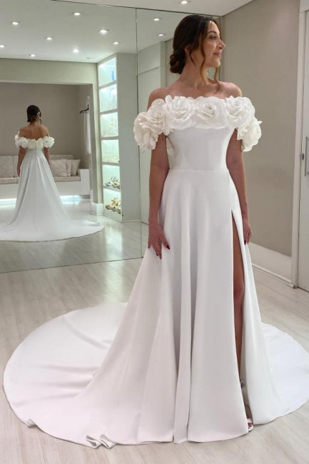 Robes de mariée blanches en satin, sans manches, à encolure bardot, coupe trapèze, avec fente