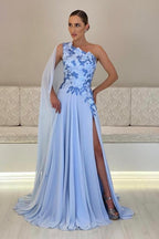 Vestido de Mãe da Noiva em Chiffon, Corte em A, Um Ombro, Sem Mangas, Vestidos de Dama de Honra com Apliques e Fenda