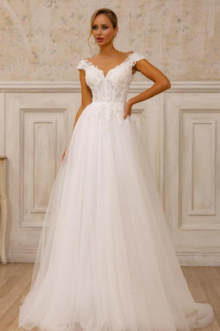 Vestido de noiva branco sem mangas com decote em V e renda de tule em linha A com apliques