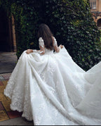 Designer A-line White Long Sleeves Lace Appliques Wedding Dress With Train
