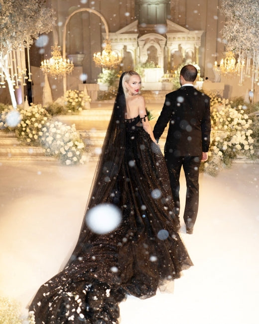Robes de mariée noires à paillettes, ligne A, épaules dénudées, avec dentelle, de créateur
