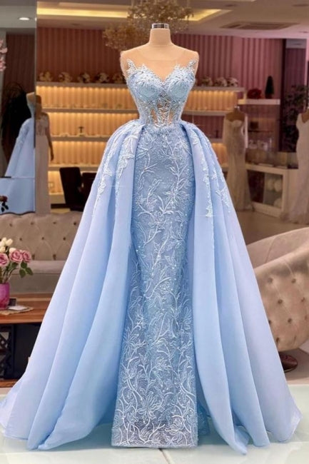 Abiti da sera lunghi blu con pizzo e strascico staccabile per ballo di fine anno disegnati