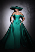 Vestido de Baile de Coluna de Cetim com Ombros Descobertos, Sem Mangas, com Folhos e Cauda