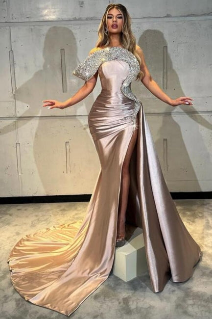 Vestidos de Baile de Coluna de Designer em Cetim com Um Ombro Só e Sem Mangas com Fenda Frontal