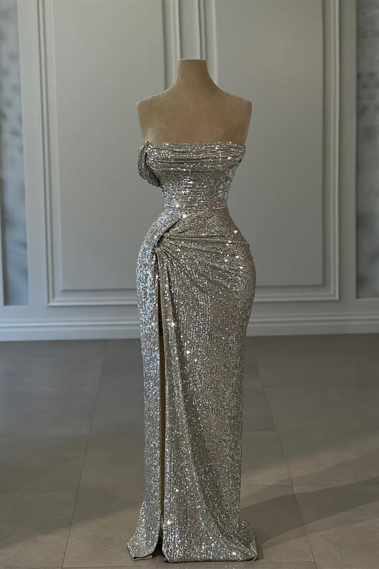 Designer Column Sequined Strapless Sleeveless Prom Dresses With Ruffles