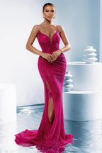 Vestido de Baile de Coluna com Lantejoulas, Decote em V, Sem Mangas e Fenda Frontal