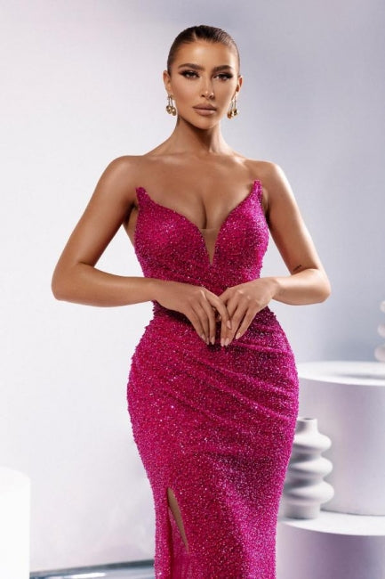 Vestido de Baile de Coluna com Lantejoulas, Decote em V, Sem Mangas e Fenda Frontal