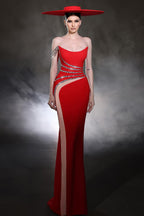 Vestidos de Baile Vermelhos de Cetim com Tule, Coluna, Um Ombro, Sem Mangas e Bordados