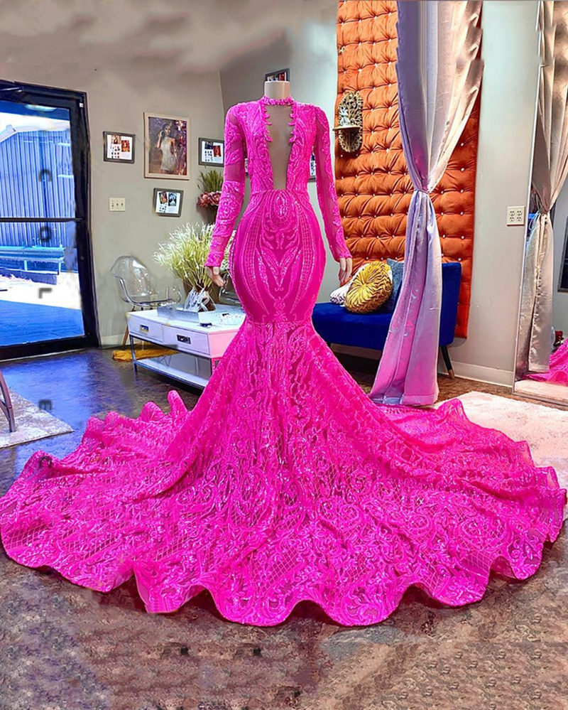 Abito lungo da sera a sirena con maniche lunghe, scollo a V e luccichii, colore fucsia di stilista