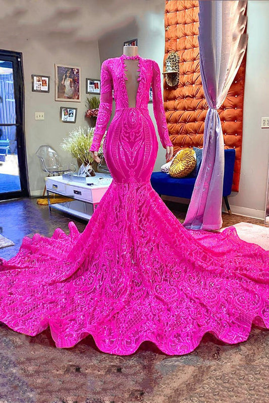 Designer Fuchsia Long Sleeves V-neck Mermaid Sparkle Long Prom Dress