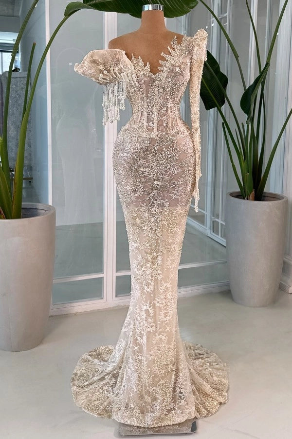 Designer Light Champagne V Neck Long Sleeve Mermaid Wedding Dress With Appliques