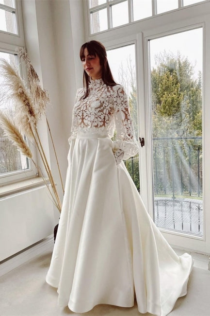 Vestidos de noiva longos com decote alto e renda, de mangas compridas, estilo A-line
