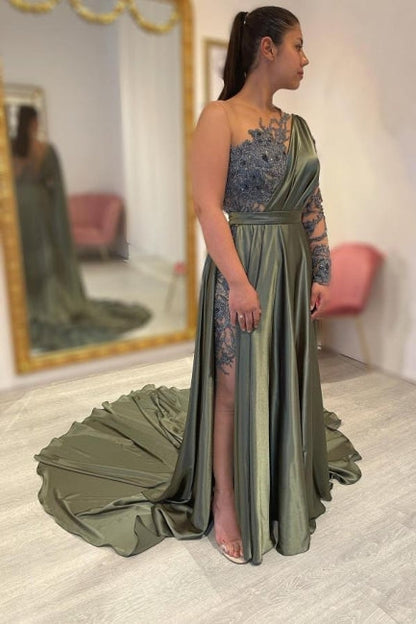 Vestidos de noche largos de diseñador con abertura en forma de A y encaje con manga larga