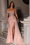 Abito da sera lungo a linea ad A con spalle scoperte, maniche lunghe in pizzo e tulle, con spacco