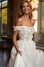 Designer Long A-line Off-the-shoulder Lace Wedding Dresses With Glitter