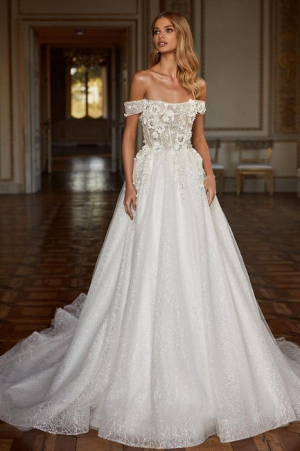 Vestidos de noiva longos de renda com decote em A e ombros de fora, com glitter