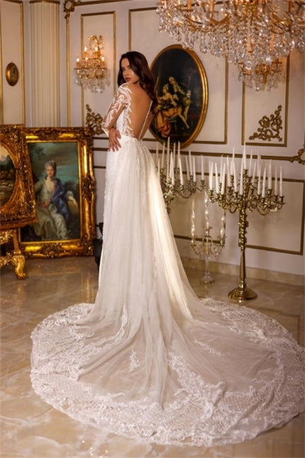 Designer Long A-line V-neck Lace Appliques Wedding Dresses With Long Sleeves