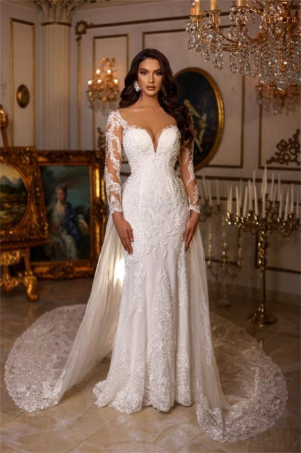 Designer longo A-line V-neck renda apliques vestidos de noiva com mangas compridas