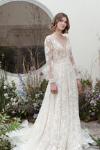 Designer Long A-Line V-neck Lace Wedding Dresses With Long Sleeves