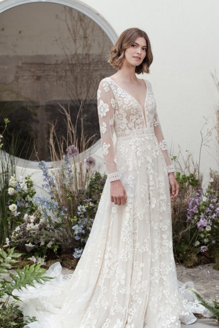 Vestidos de noiva longos com decote em V e renda, de designer, com mangas compridas