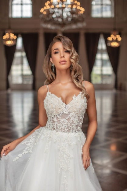 Designer Lange A-Linie V-Ausschnitt Tüll Ärmellose Brautkleider Mit Spitze