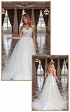 Designer Long A-line V-neck Tulle Sleeveless Wedding Dresses With Lace