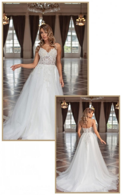 Designer Long A-line V-neck Tulle Sleeveless Wedding Dresses With Lace