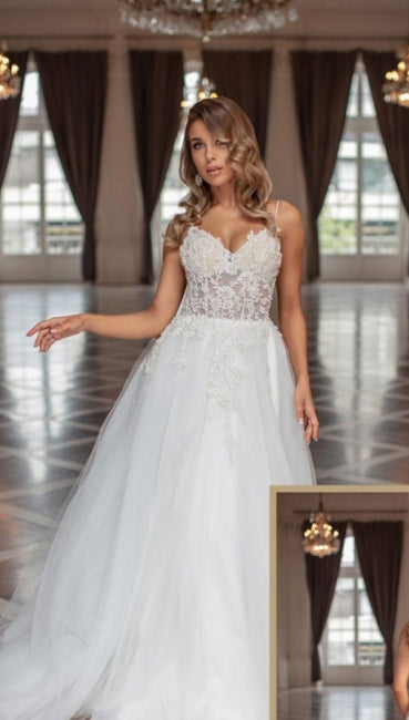 Designer longo A-line V Neck Tule mangas vestidos de noiva com renda