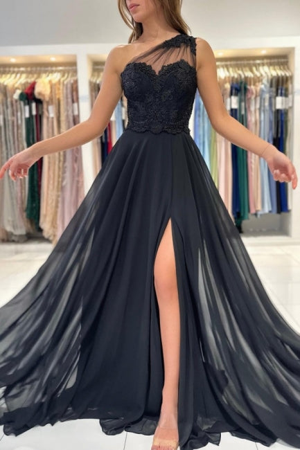 Vestidos de noche negros largos de diseñador, vestidos de fiesta de encaje de un solo hombro con abertura