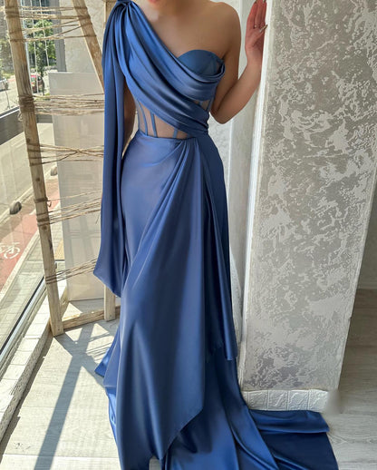 Vestido de fiesta largo azul de diseñador con corte en A, un hombro sin mangas