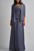 Robe longue de mère de la mariée en mousseline de soie et dentelle avec veste