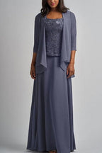Robe longue de mère de la mariée en mousseline de soie et dentelle avec veste