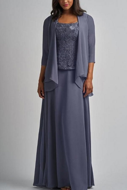 Robe longue de mère de la mariée en mousseline de soie et dentelle avec veste
