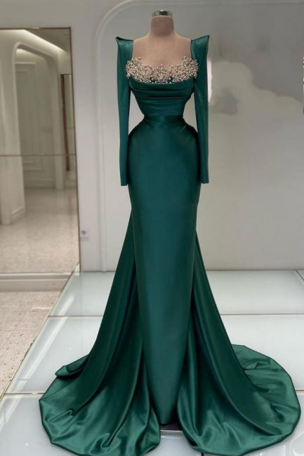 Abiti da sera lunghi da sirena con perle di verde scuro e maniche lunghe