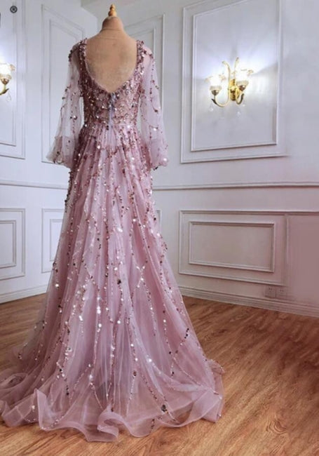 Abito da sera lungo a linea ad A con pizzo dorato, paillettes e maniche lunghe scintillanti